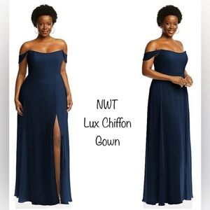 NWT After Six OFF-THE-SHOULDER BASQUE NECK Navy Lux Chiffon Gown size 12
